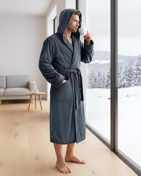 NY Threads Mens Robe with Hood, Luxury Plush Fleece Hooded Mens Bathrobe, Spa Bath Robe for Men