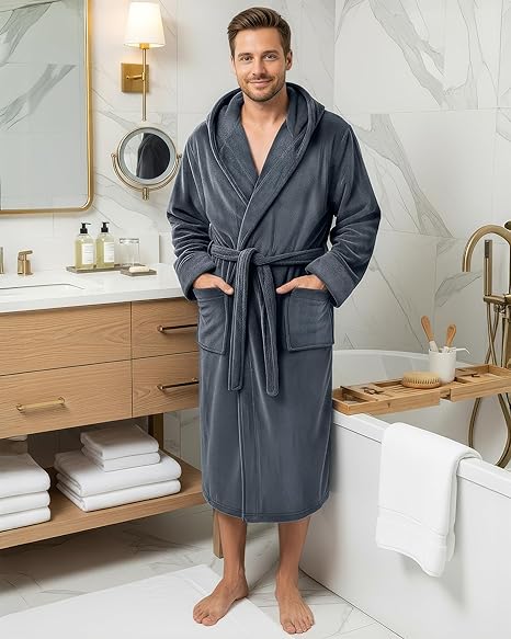 NY Threads Mens Robe with Hood, Luxury Plush Fleece Hooded Mens Bathrobe, Spa Bath Robe for Men