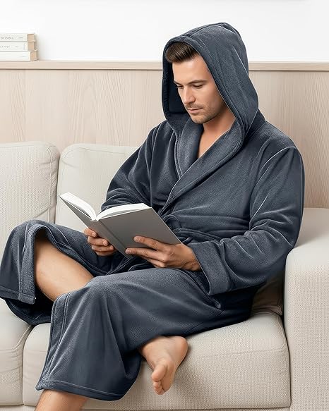 NY Threads Mens Robe with Hood, Luxury Plush Fleece Hooded Mens Bathrobe, Spa Bath Robe for Men